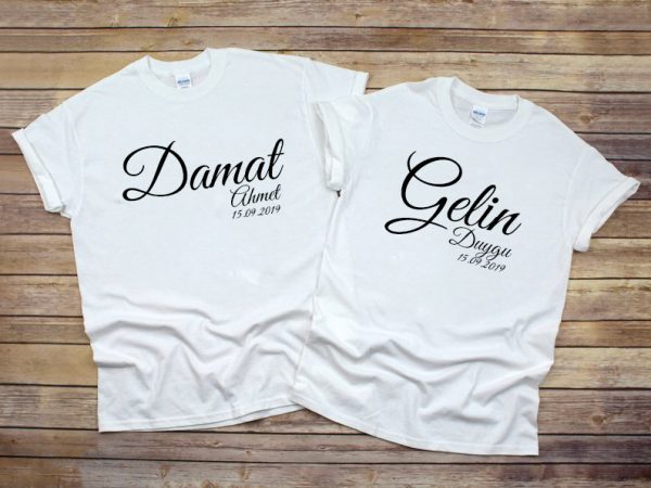 gelin damat baskili kişiye özel tshirt